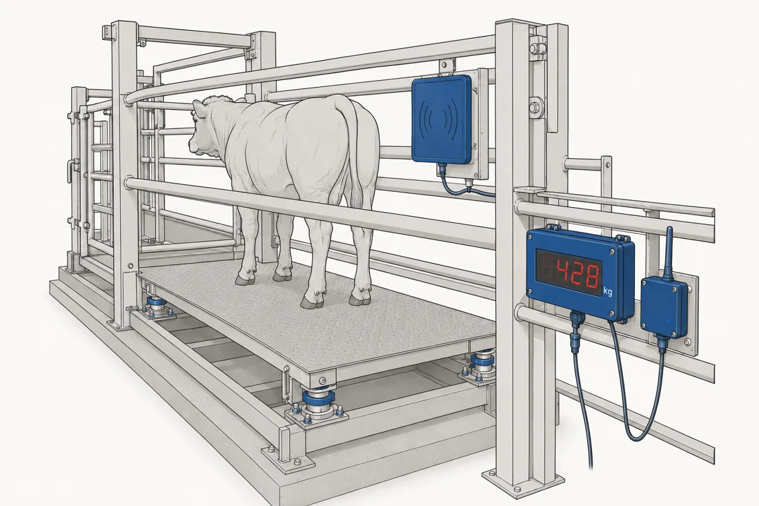 Illustration of a walk-through scale with electronic livestock identification