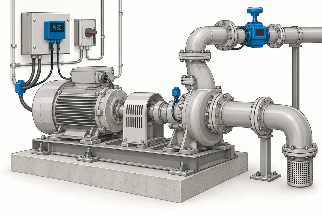 Illustration of an irrigation pump with a flow meter and monitoring panel