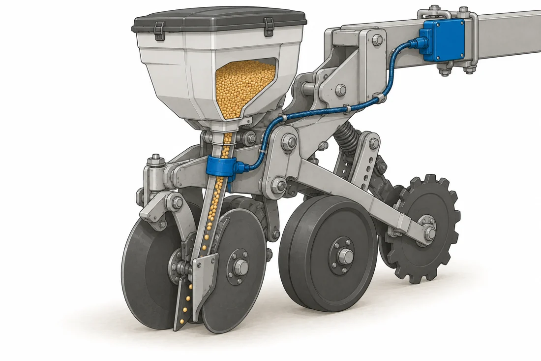 Illustration of a planter row unit with sensors and integrated electronics